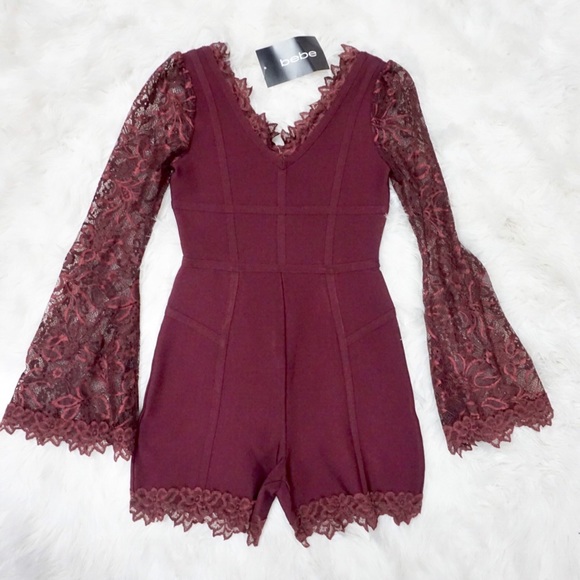 bebe Pants - Bebe Maroon Romper Jumpsuit Lace Bandage